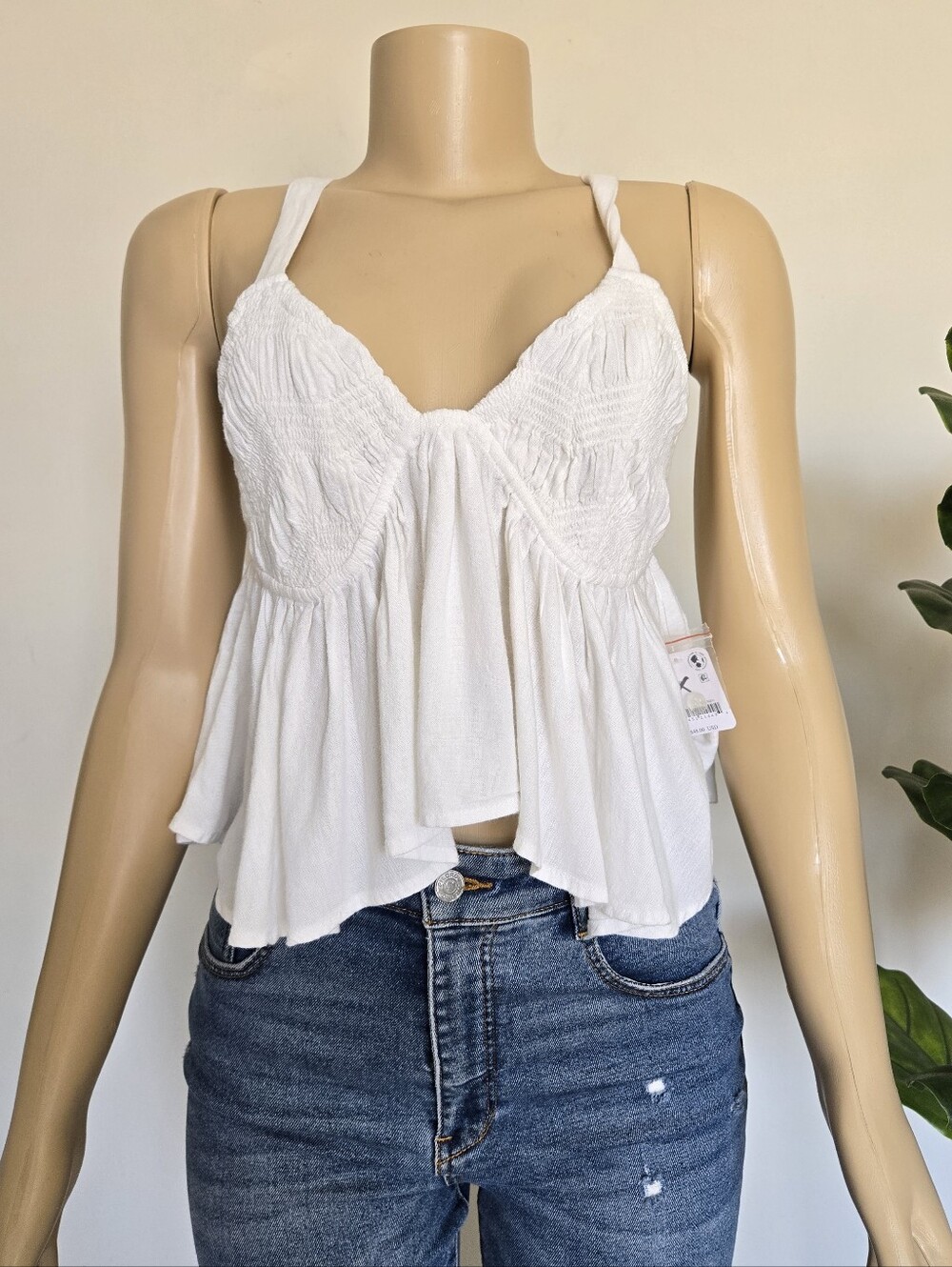 Free People Linen White Ruffled Babydoll Top Size M White Color Women's